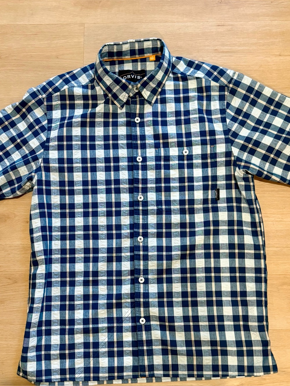 Orvis Men's Performance Linen Blend Plaid Shirt Orange Trim Size M